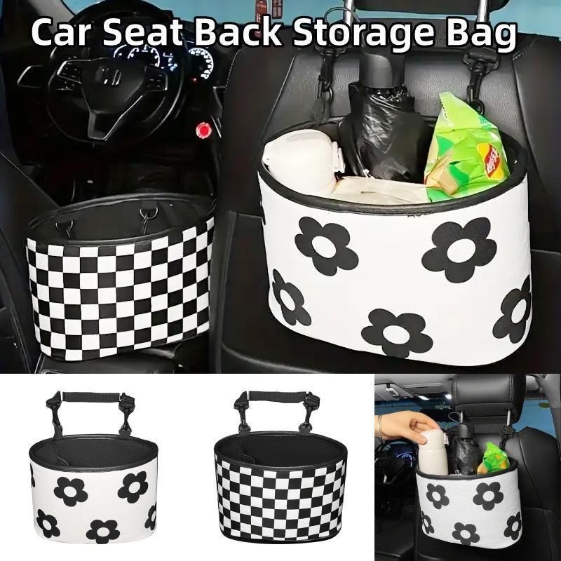 Hanging Backseat Storage Organiser Box for Car Rubbish and Essentials - Black and white