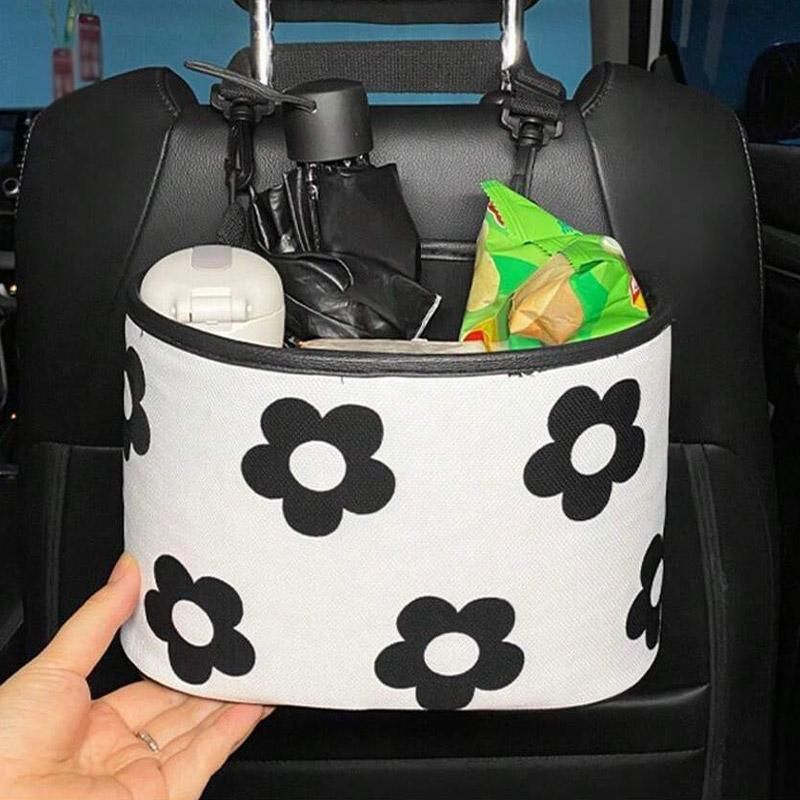 Hanging Backseat Storage Organiser Box for Car Rubbish and Essentials - Black and white