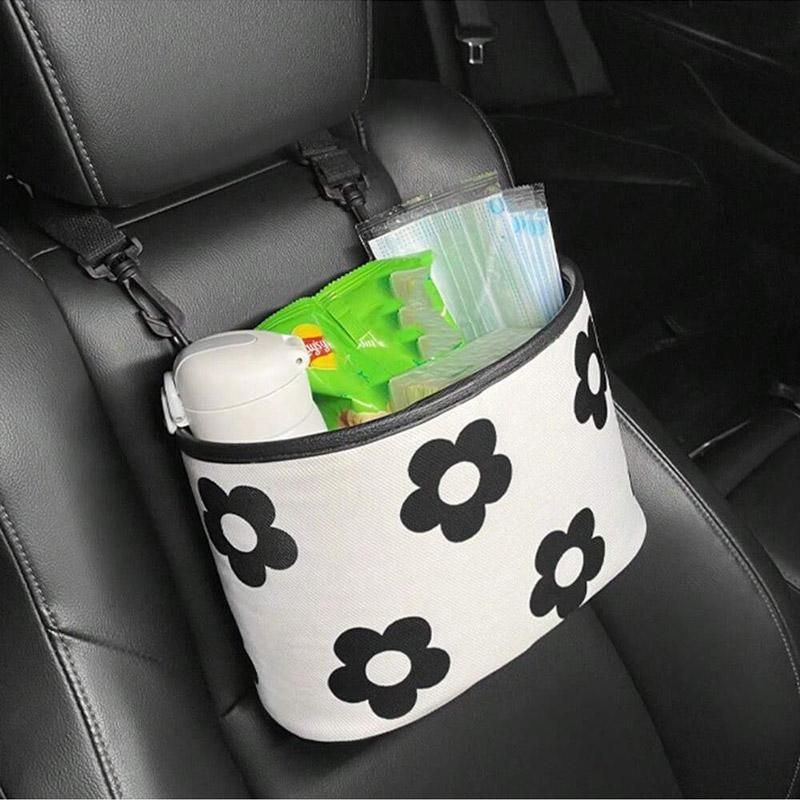Hanging Backseat Storage Organiser Box for Car Rubbish and Essentials - Black and white