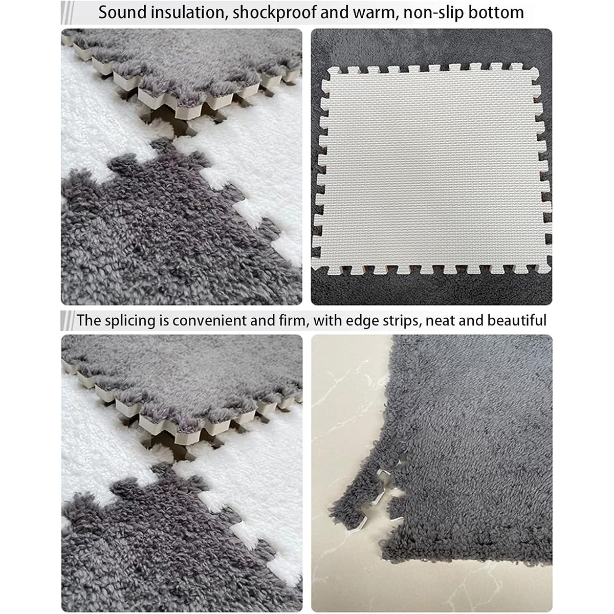 Foam Floor Mats Set 10PCS Shaggy Interlocking Tiles Soft for Kids Room Play Area - Grey-White