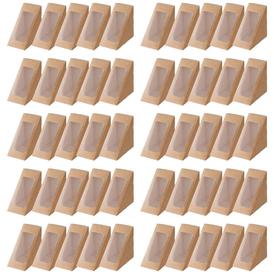 100PCS Sandwich Wedge Box Triangle Paper Container Cupcake Cake Box with Window - Cowhide