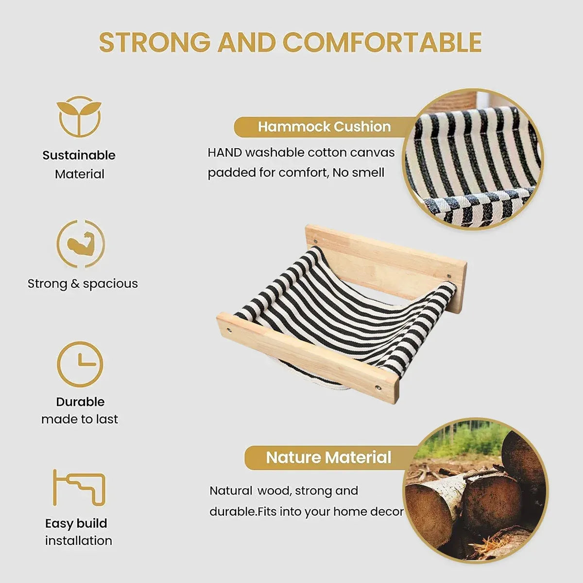 Solid Wood Wall Mounted Cat Hammock Pet Bed for Indoor Cats