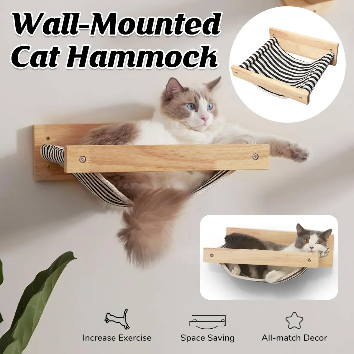 Solid Wood Wall Mounted Cat Hammock Pet Bed for Indoor Cats