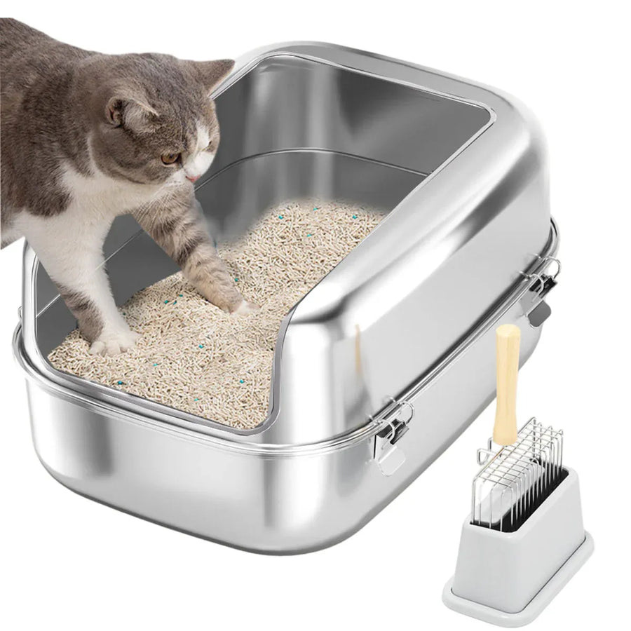 Cat Litter Box Open Design Stainless Steel Large Easy Clean Pet Toilet Tray
