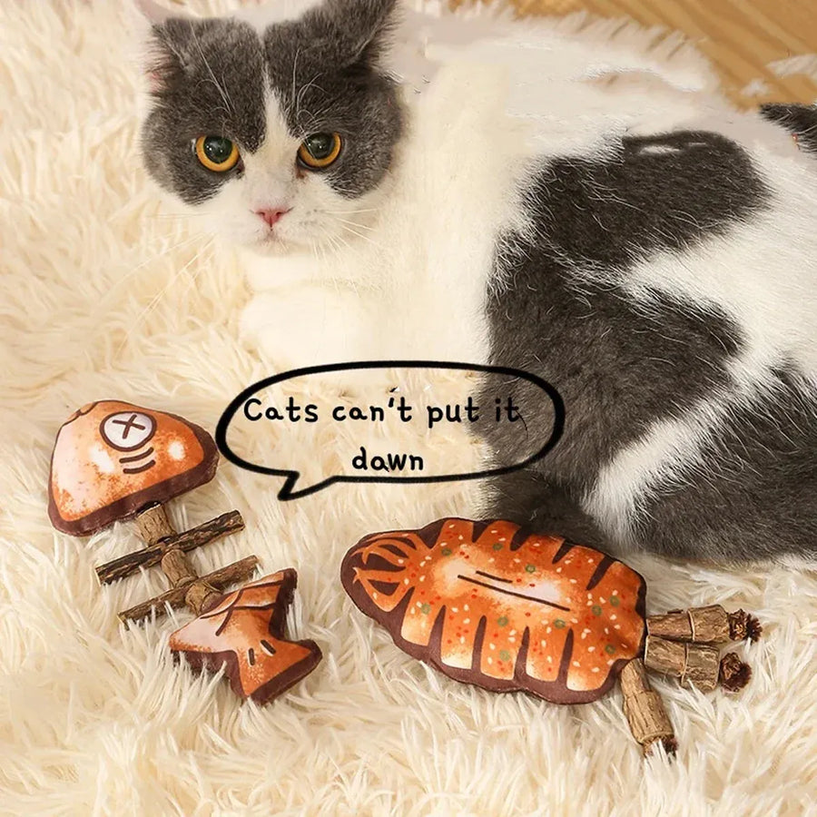 Cat Toy Simulated Fish Bone Simulated Squid Plush Chew Interactive for Cats Play - Fish Bones