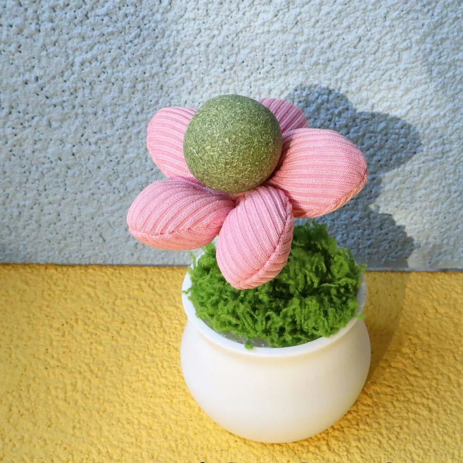 Catnip Ball Cat Chew Toy Cute Flower Pot Shaped Interactive Play Teeth Cleaning - Pink