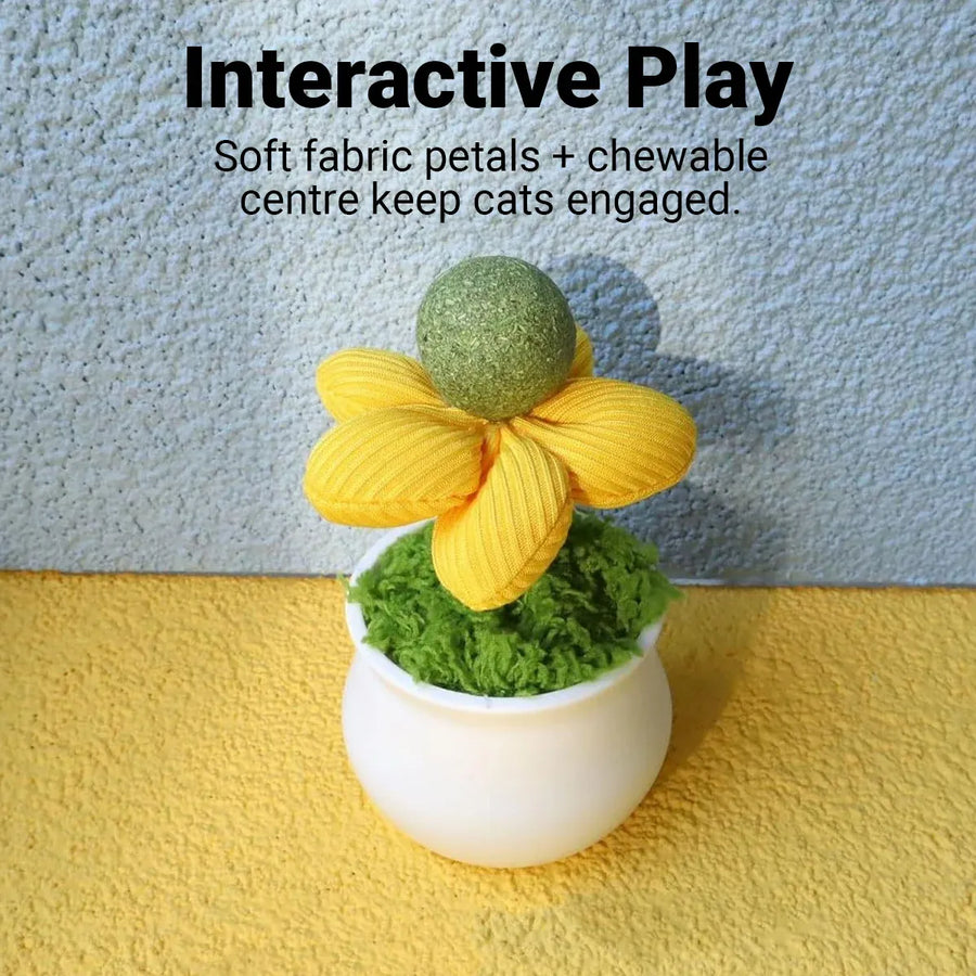 Catnip Ball Cat Chew Toy Cute Flower Pot Shaped Interactive Play Teeth Cleaning - Yellow