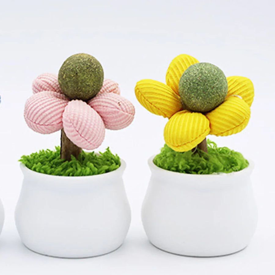 Catnip Ball Cat Chew Toy Cute Flower Pot Shaped Interactive Play Teeth Cleaning - Yellow