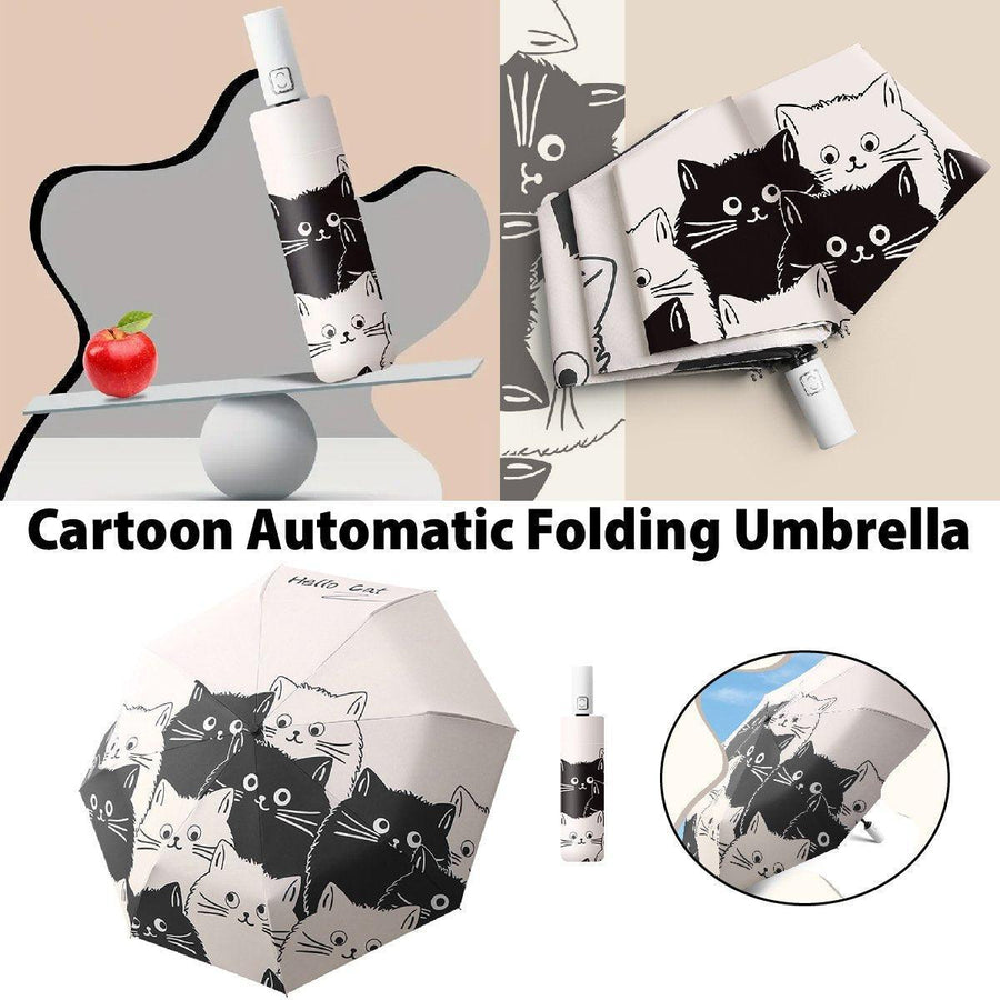 1PC Cartoon Black White Cat Automatic Folding Sun Umbrella Anti-UV For Unisex
