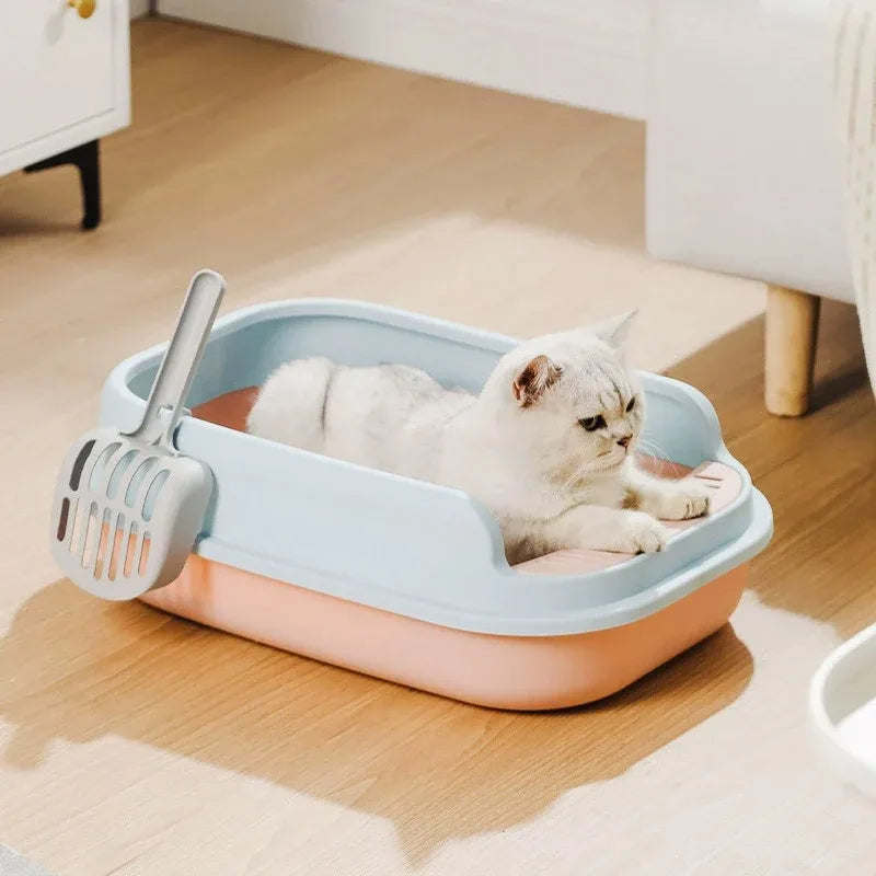 12L Semi Enclosed Large Cat Litter Box with Delivery Shovel Easy Clean Toilet - White-Grey