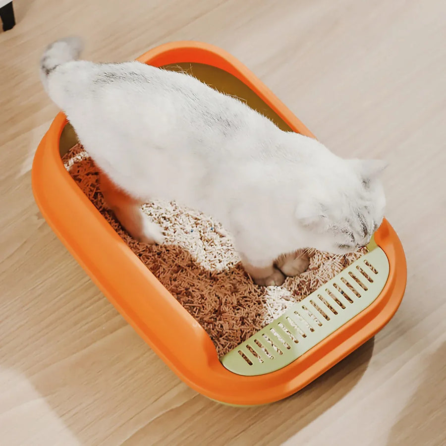 12L Semi Enclosed Large Cat Litter Box with Delivery Shovel Easy Clean Toilet - White-Grey