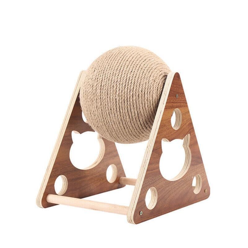 Wooden Cat Scratcher Toy with Rotating Sisal Ball Scratch Post Triangle Frame