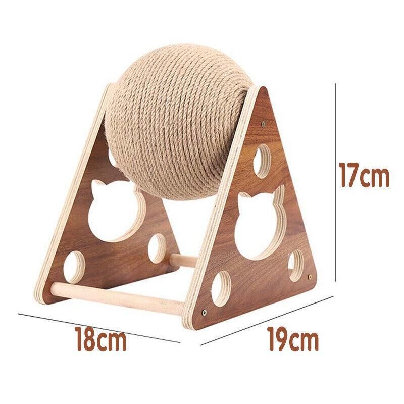 Wooden Cat Scratcher Toy with Rotating Sisal Ball Scratch Post Triangle Frame