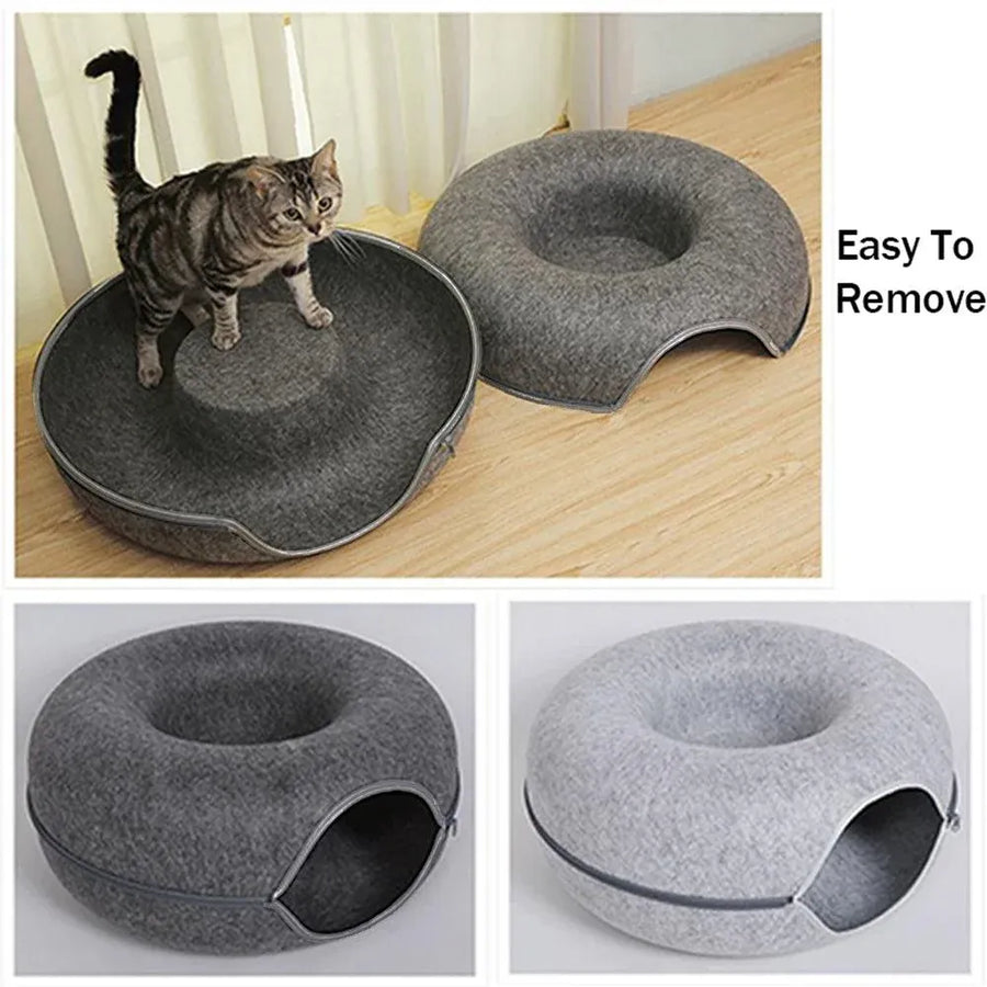 Felt Cat Tunnel Bed Round Donut Cave Nest for Kittens and Small Pets 60x30cm - Dark Grey