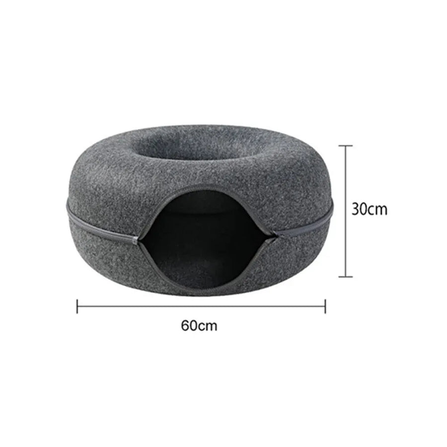 Felt Cat Tunnel Bed Round Donut Cave Nest for Kittens and Small Pets 60x30cm - Light Grey