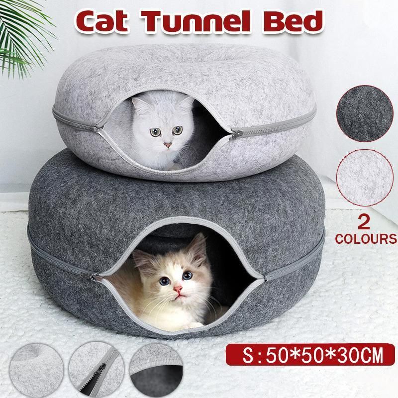 Felt Cat Tunnel Bed Donut Cave Nest for Kittens and Small Pets 50x30cm - Light Grey
