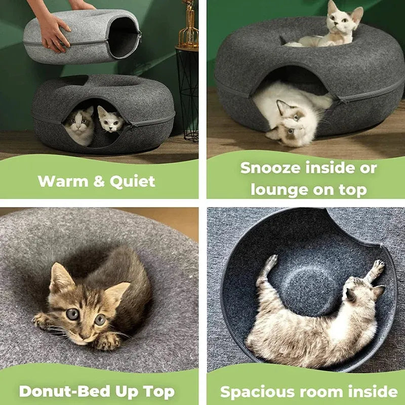 Felt Cat Tunnel Bed Donut Cave Nest for Kittens and Small Pets 50x30cm - Light Grey
