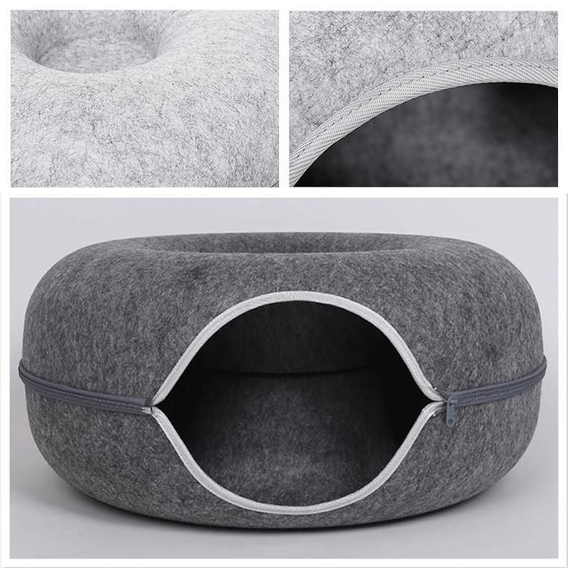 Felt Cat Tunnel Bed Donut Cave Nest for Kittens and Small Pets 50x30cm - Light Grey