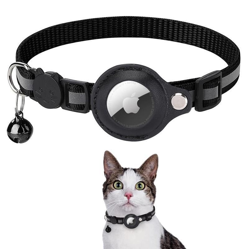 Reflective Pet Collar with Holder for AirTag Tracker – Anti-Lost Cat Dog Tag - Black
