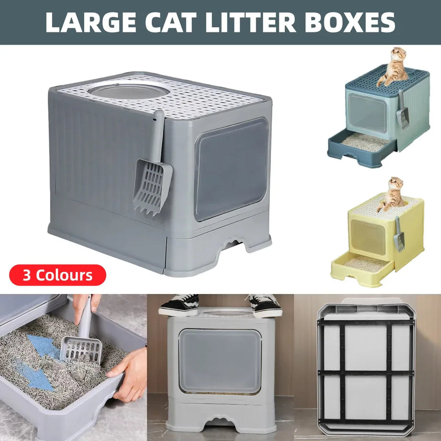 Large Fully Enclosed Cat Litter Box Cat Toilet Pet Litter Tray Odor Control - Grey