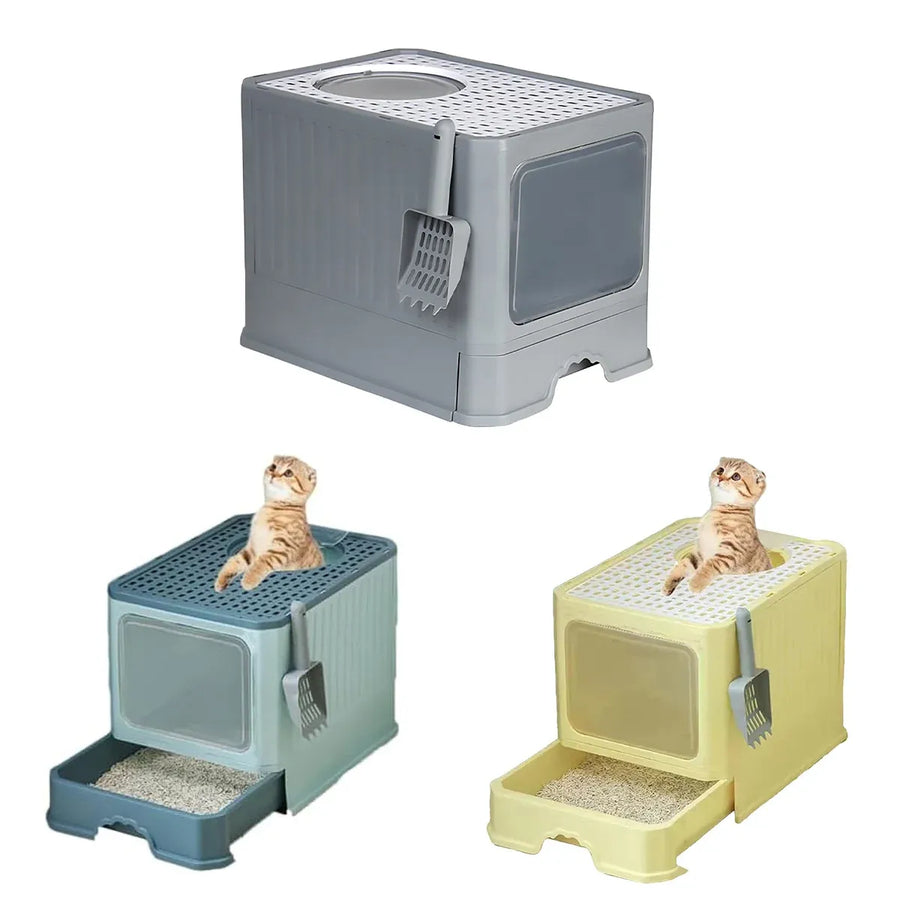 Large Fully Enclosed Cat Litter Box Cat Toilet Pet Litter Tray Odor Control - Grey