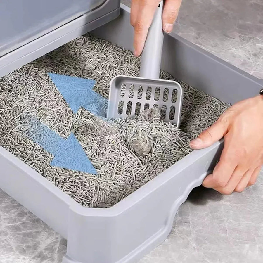 Large Fully Enclosed Cat Litter Box Cat Toilet Pet Litter Tray Odor Control - Grey
