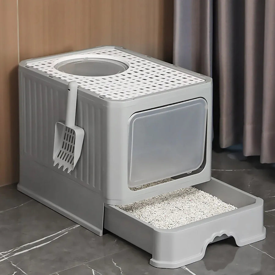 Large Fully Enclosed Cat Litter Box Cat Toilet Pet Litter Tray Odor Control - Grey