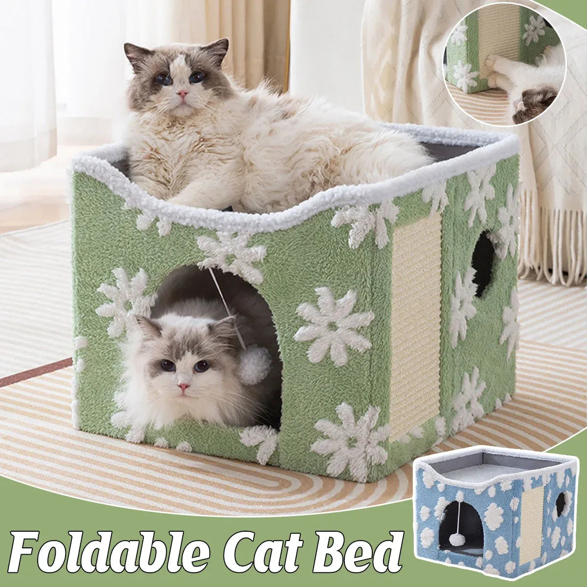Cat Bed Foldable Double Layer Upper Lower Pet House Sleeping Nest Cushion - Green
