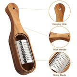 Premium Stainless Steel Cheese Grater with Acacia Wood Handle Scraper Planer - Close-Up Angle