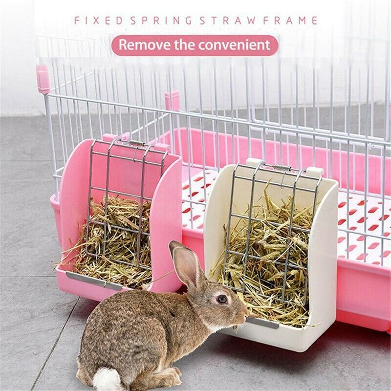 Pet Rabbit Hay Feeder Small Animal Hamster Pig Less Wast Hay Rack Corner Plastic - Beige