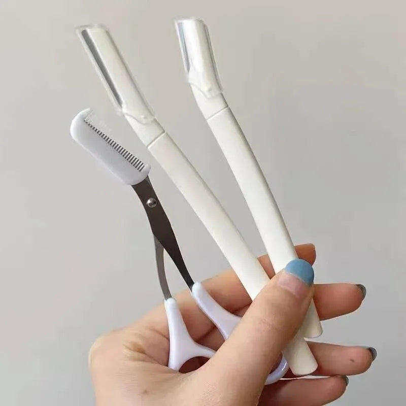 3Pcs Eyebrow Razor Set Facial Hair Remover Dermaplaning Shaving Tool Kit - Clear eyebrow*2+ Scissor comb