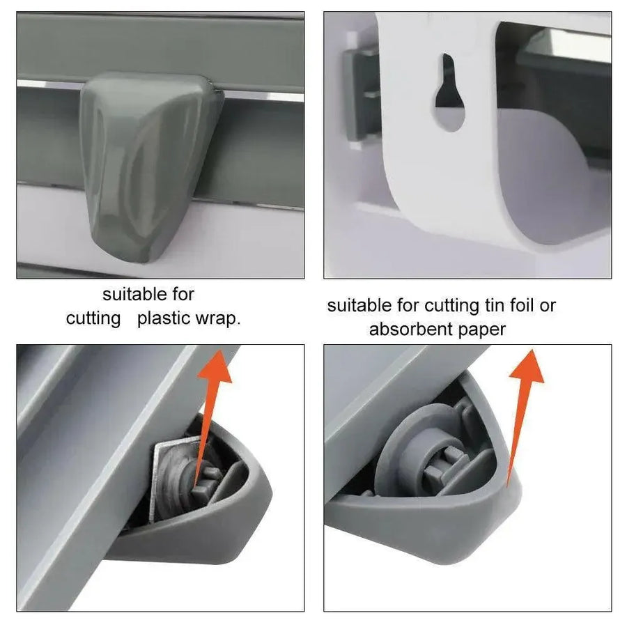 4In1 Wall Mount Kitchen Holder Foil Towel Roll Cling Wrap Rack Dispenser Cutter - Grey