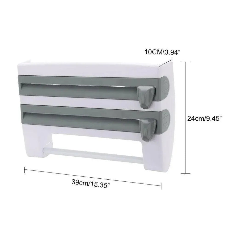 4In1 Wall Mount Kitchen Holder Foil Towel Roll Cling Wrap Rack Dispenser Cutter - Grey