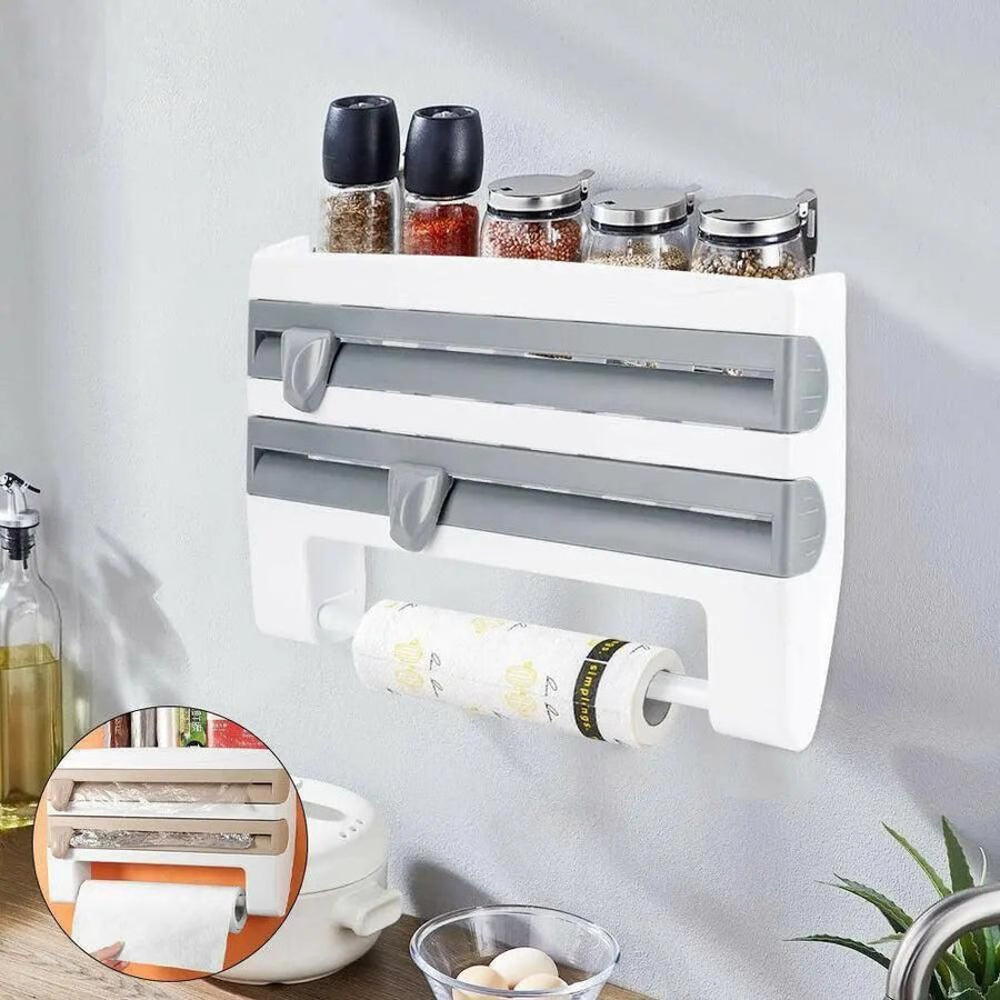 4In1 Wall Mount Kitchen Holder Foil Towel Roll Cling Wrap Rack Dispenser Cutter - Grey