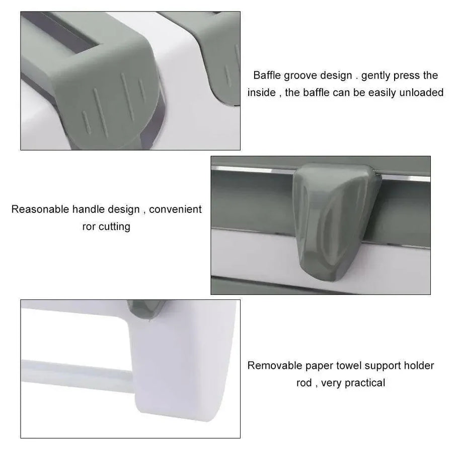 4In1 Wall Mount Kitchen Holder Foil Towel Roll Cling Wrap Rack Dispenser Cutter - Grey