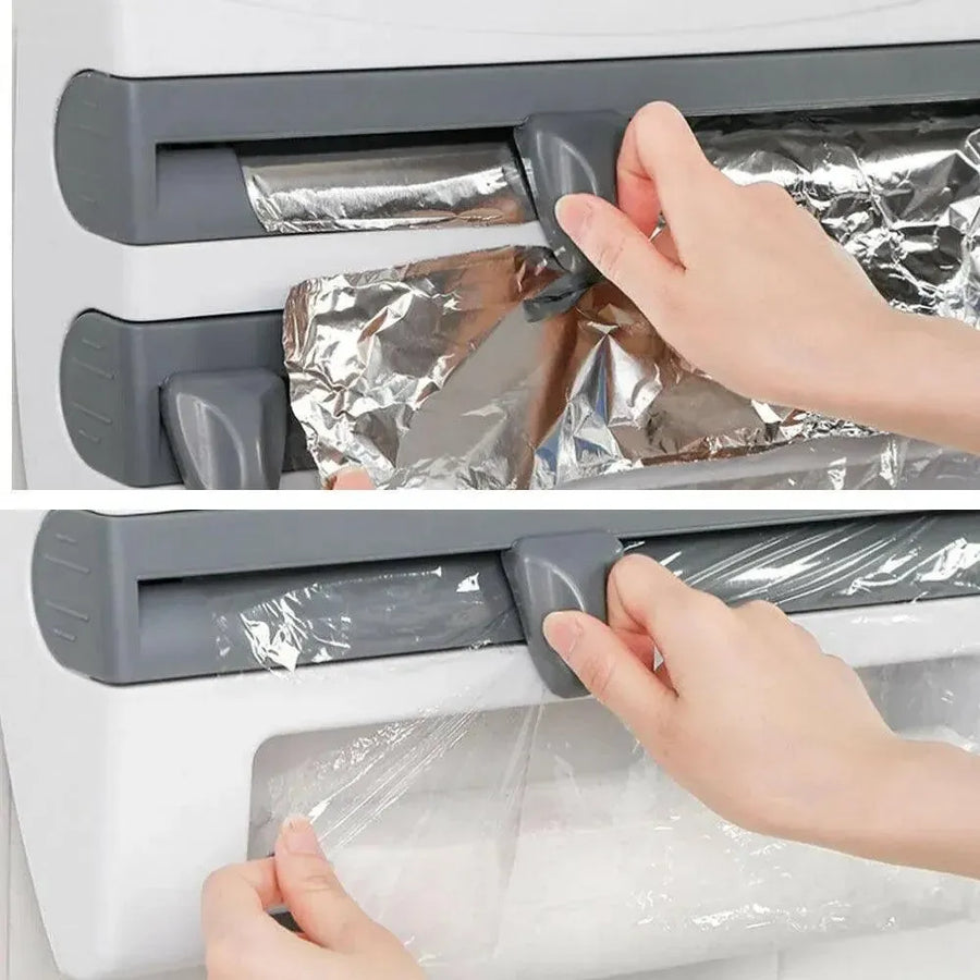 4In1 Wall Mount Kitchen Holder Foil Towel Roll Cling Wrap Rack Dispenser Cutter - Grey