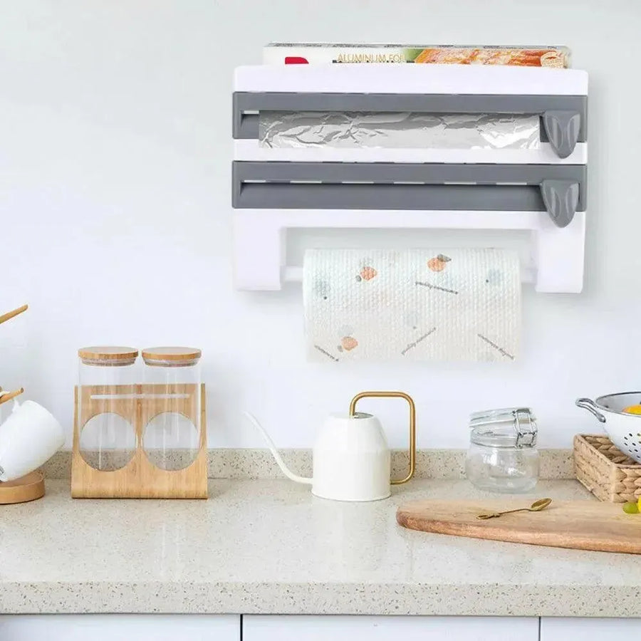 4In1 Wall Mount Kitchen Holder Foil Towel Roll Cling Wrap Rack Dispenser Cutter - Grey