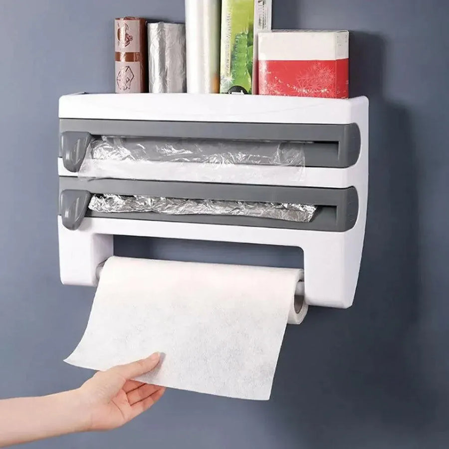 4In1 Wall Mount Kitchen Holder Foil Towel Roll Cling Wrap Rack Dispenser Cutter - Grey