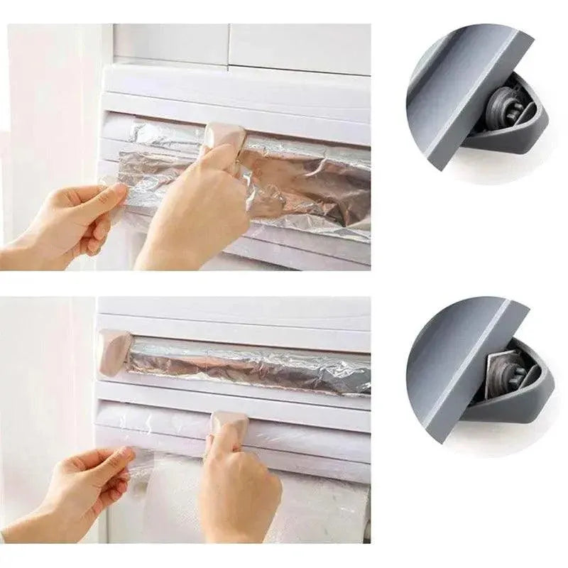 4In1 Wall Mount Kitchen Holder Foil Towel Roll Cling Wrap Rack Dispenser Cutter - Grey