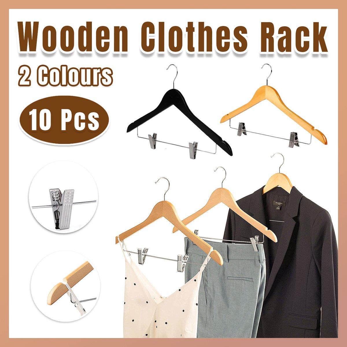 10 Pcs Wooden Non-Slip Wide Shoulder Clothes Hanger with Clip for Hotel Wardrobe - Black