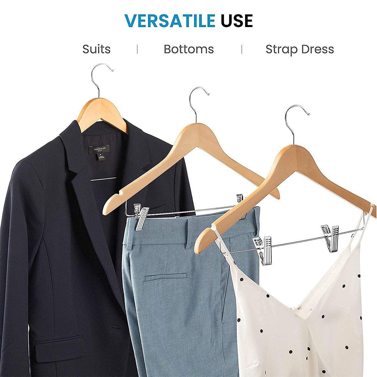 10 Pcs Wooden Non-Slip Wide Shoulder Clothes Hanger with Clip for Hotel Wardrobe - Wood
