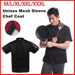 Black Unisex Mesh Sleeve Chef Coat Jacket Restaurant Hotel Cook Short Uniform - L