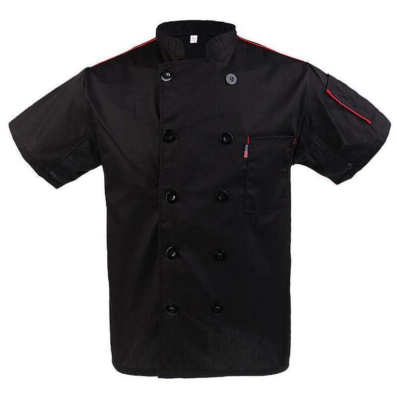 Black Unisex Mesh Sleeve Chef Coat Jacket Restaurant Hotel Cook Short Uniform - XL