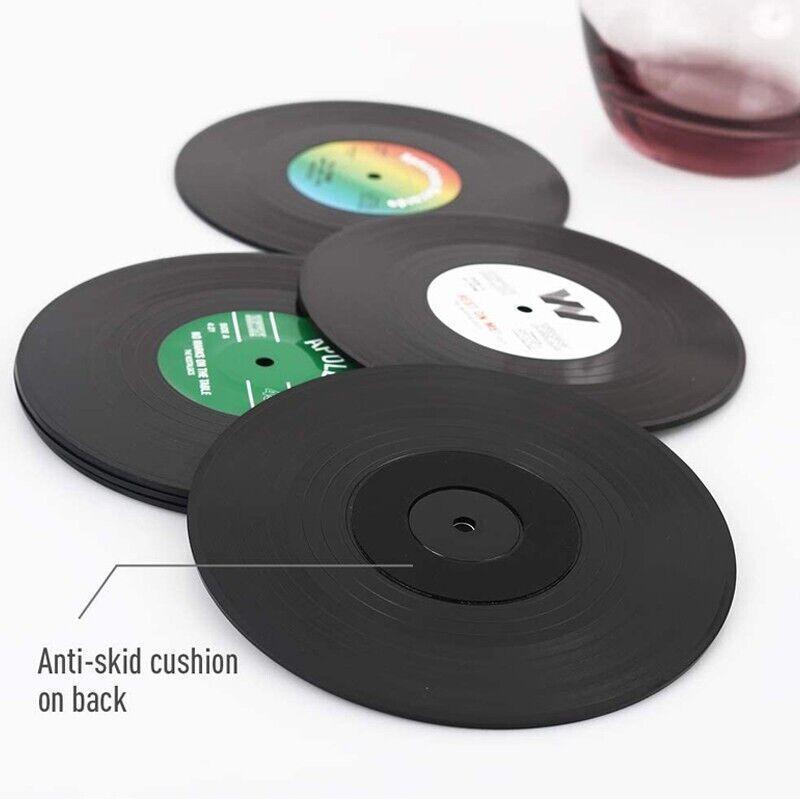 6PCS Retro Vinyl Record Drink Coasters Set - Round ABS Cup Mats for Home or Bar
