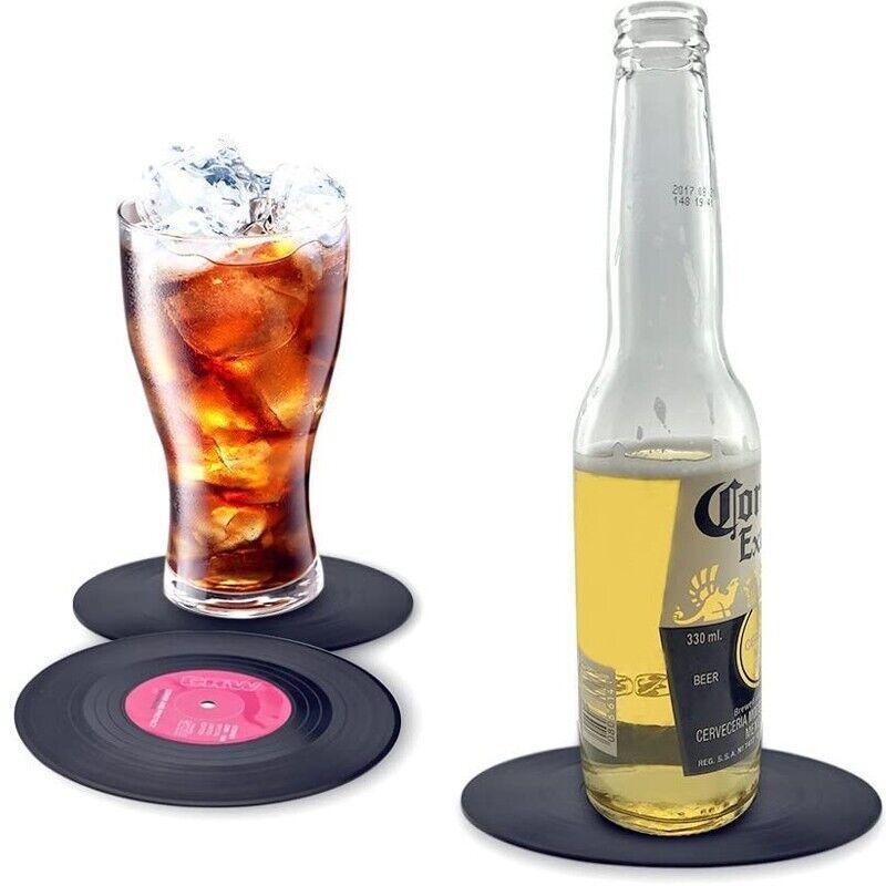 6PCS Retro Vinyl Record Drink Coasters Set - Round ABS Cup Mats for Home or Bar