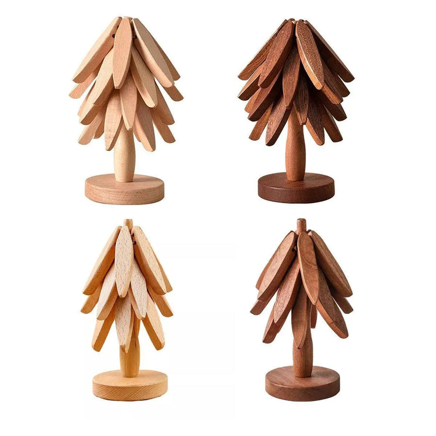 Solid Wooden Trivet for Hot Dish Walnut Christmas Tree Table Heat-Resistant Mat - Brown-4pcs
