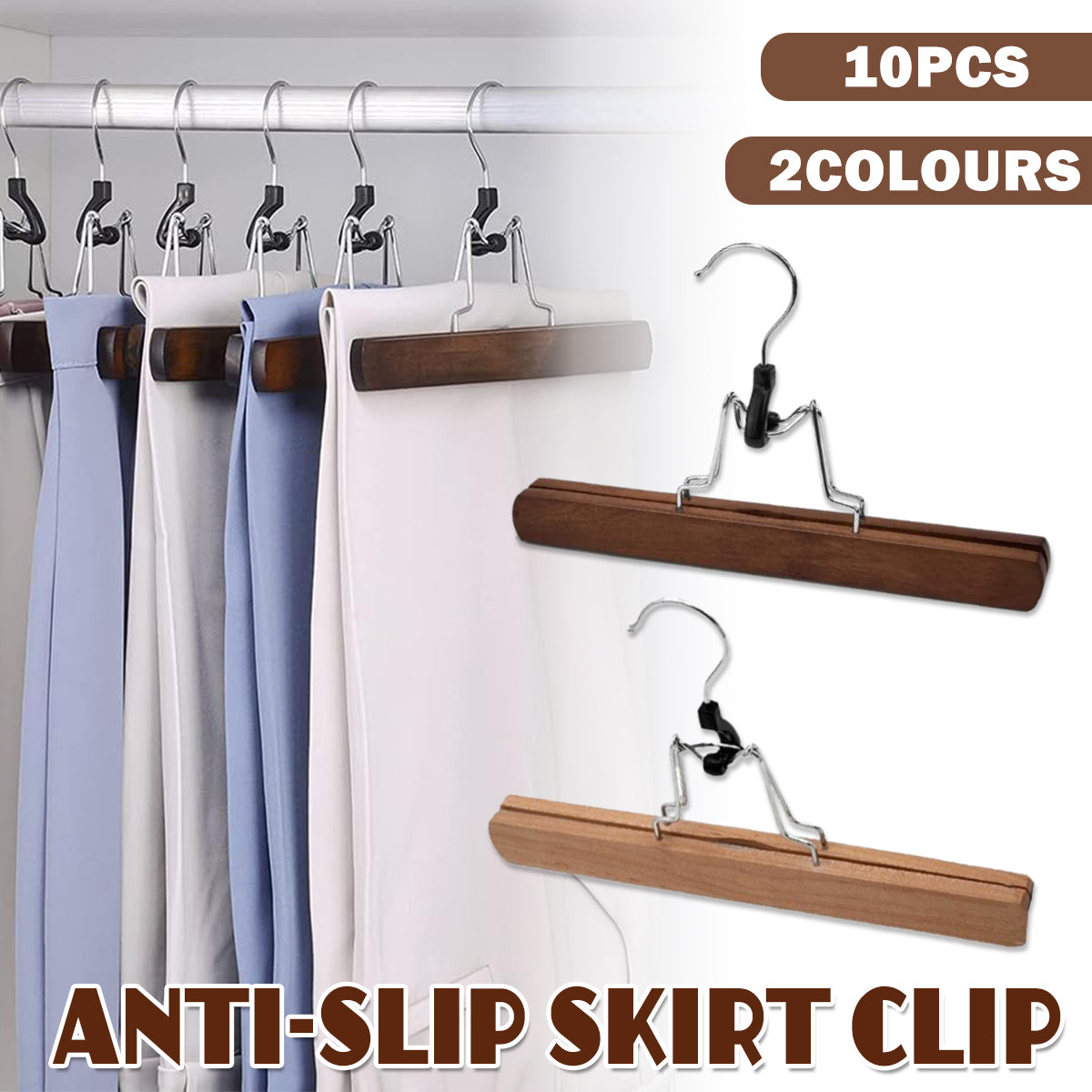 10pcs Solid Wood Skirt Clip Non Slip Hanger Flannel Trouser Clothes Organizer - Dark Brown