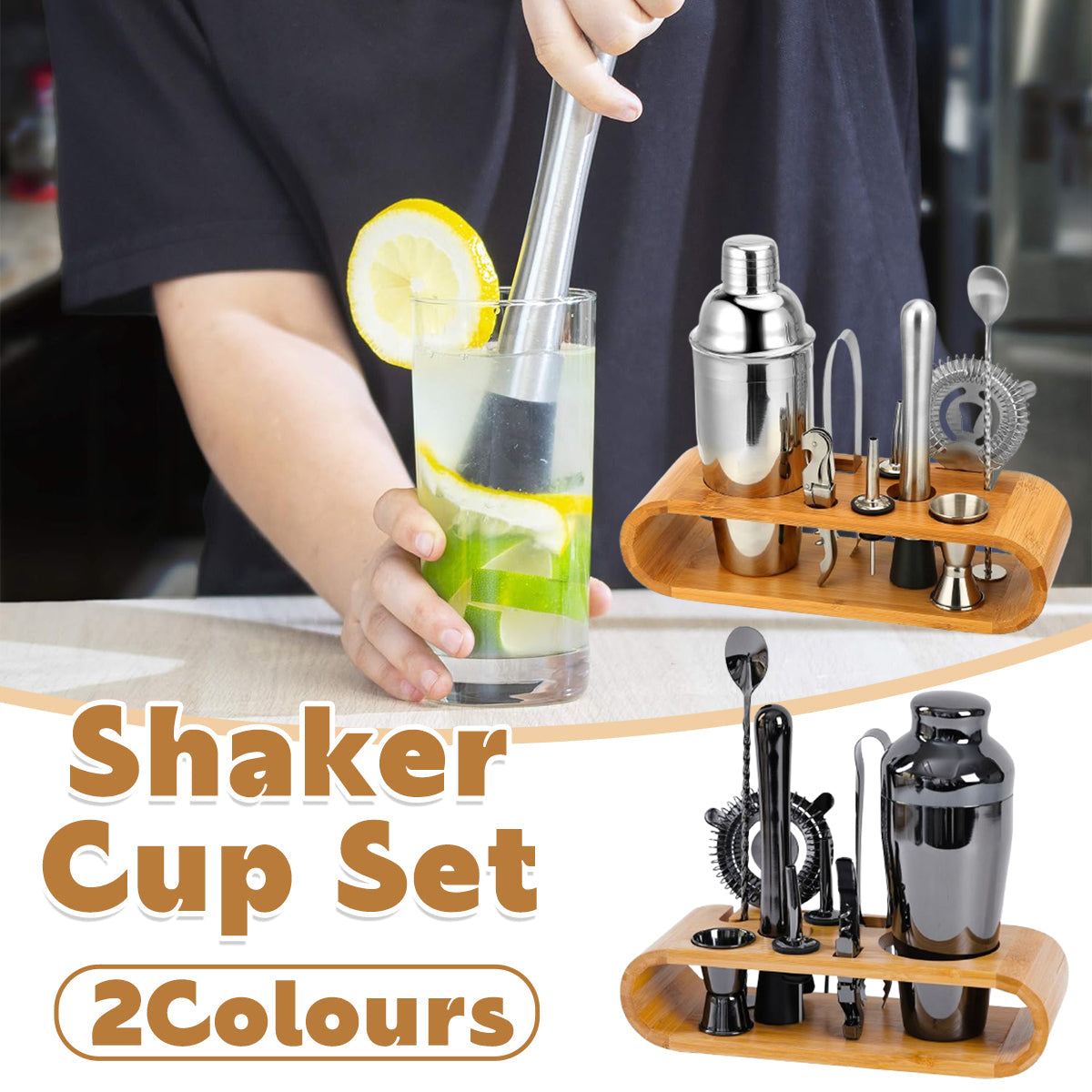 Cocktail Shaker Set Bar Tools Stainless Steel Mixing Glasses Drink Shaker Cups - Black