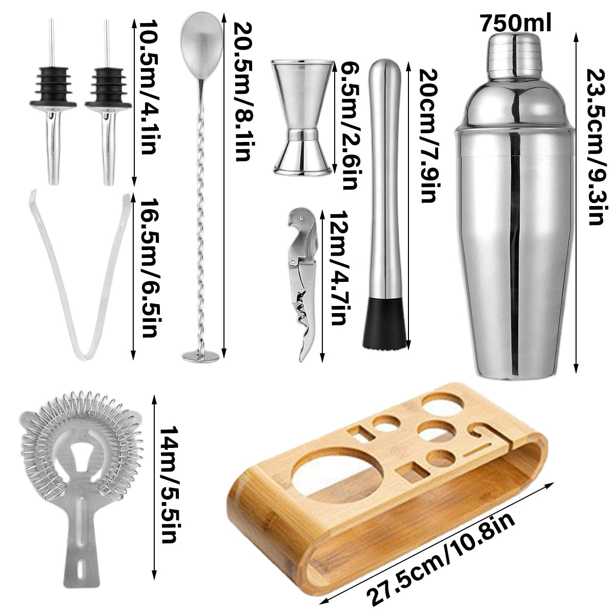 Cocktail Shaker Set Bar Tools Stainless Steel Mixing Glasses Drink Shaker Cups - Black