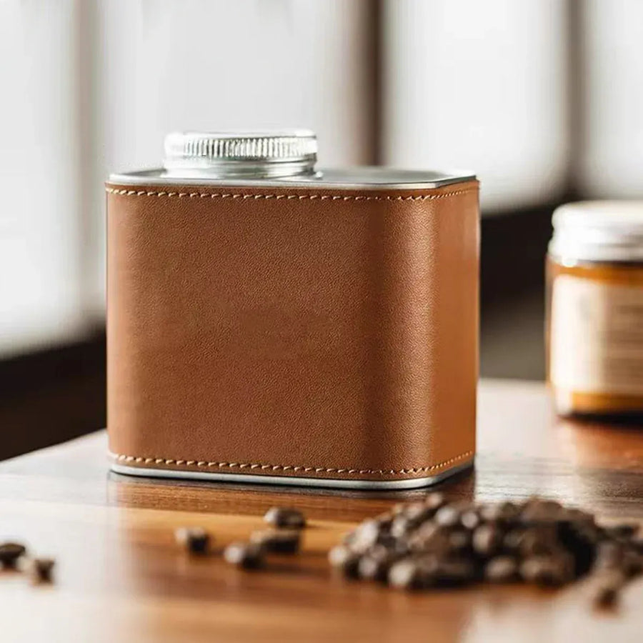 Airtight Coffee Canister Storage Jar Pour Valve Leather 9.6 x 7 x 9.3cm - White